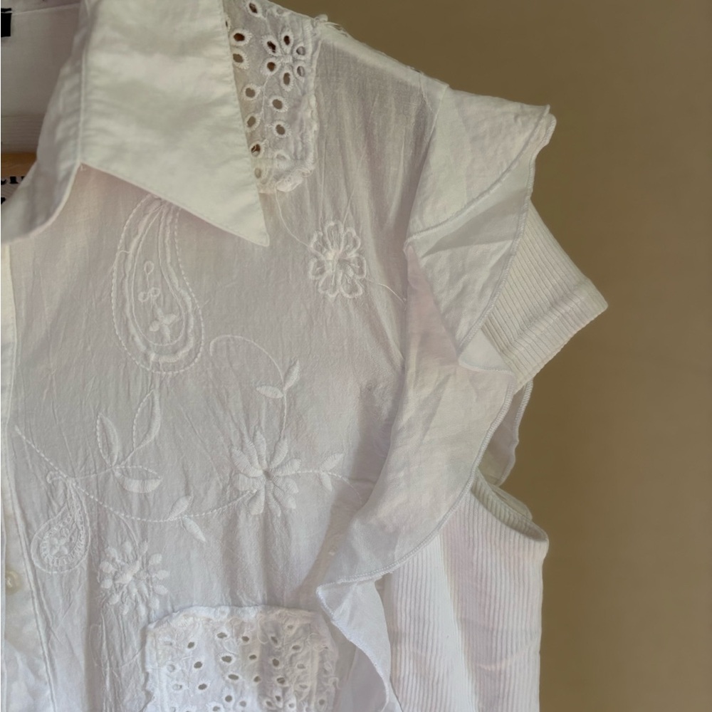 White Ruffle Eyelet Button-Front Women's Top - Picture 3 of 4